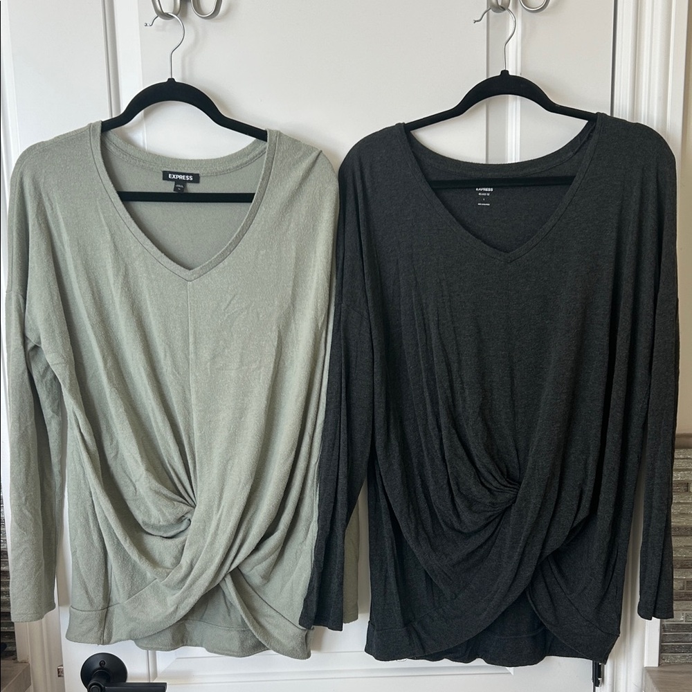 Express Sage and Charcoal V-Neck Twist Blouses Bundle of 2